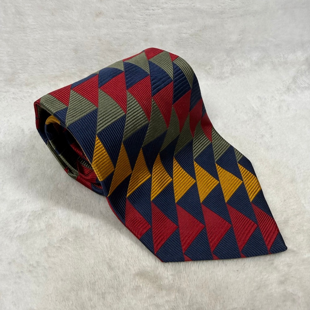 DeSantis Collection Silk Tie Red Blue Gold Geometric Triangle Hand Made Mens